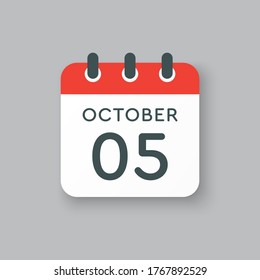 Vector icon calendar day - 5 October. Days of the year vector illustration flat style. Date day of month Sunday, Monday, Tuesday, Wednesday, Thursday, Friday, Saturday. Autumn holidays in October.