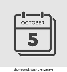 Vector icon calendar day - 5 October. Days of the year vector illustration flat style. Date day of month Sunday, Monday, Tuesday, Wednesday, Thursday, Friday, Saturday. Autumn holidays in October.