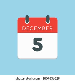 Vector icon calendar day - 5 December. 5th days of the month, vector illustration style. Date day of week Sunday, Monday, Tuesday, Wednesday, Thursday, Friday, Saturday. Winter holidays in December.