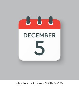 Vector icon calendar day - 5 December. 5th days of the month, vector illustration style. Date day of week Sunday, Monday, Tuesday, Wednesday, Thursday, Friday, Saturday. Winter holidays in December.