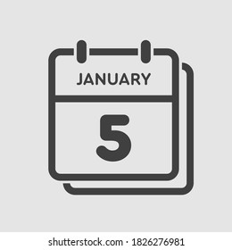 Vector icon calendar day - 5 January. 5th days of the month, vector illustration style. Date day of week Sunday, Monday, Tuesday, Wednesday, Thursday, Friday, Saturday. Winter holidays in January.