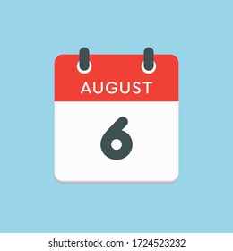 Vector icon calendar day - 6 August. Days of the year. Vector illustration flat style. Date day of month Sunday, Monday, Tuesday, Wednesday, Thursday, Friday, Saturday. Summer holidays spring August.