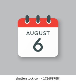 Vector icon calendar day - 6 August. Days of the year. Vector illustration flat style. Date day of month Sunday, Monday, Tuesday, Wednesday, Thursday, Friday, Saturday. Summer holidays spring August.