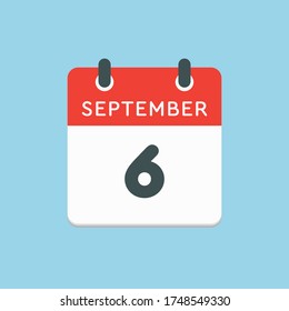 Icono vector día calendario - 6 de septiembre. Días del año ilustración vectorial estilo plano. Fecha día del mes Domingo, Lunes, Martes, Miércoles, Jueves, Viernes, Sábado. Vacaciones de otoño en septiembre