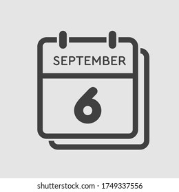 Icono vector día calendario - 6 de septiembre. Días del año ilustración vectorial estilo plano. Fecha día del mes Domingo, Lunes, Martes, Miércoles, Jueves, Viernes, Sábado. Vacaciones de otoño en septiembre