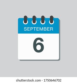 Vector icon calendar day - 6 September. Days of the year vector illustration flat style. Date day of month Sunday, Monday, Tuesday, Wednesday, Thursday, Friday, Saturday. Autumn holidays in September