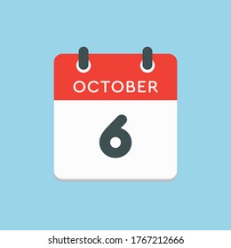 Vector icon calendar day - 6 October. Days of the year vector illustration flat style. Date day of month Sunday, Monday, Tuesday, Wednesday, Thursday, Friday, Saturday. Autumn holidays in October.