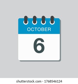 Vector icon calendar day - 6 October. Days of the year vector illustration flat style. Date day of month Sunday, Monday, Tuesday, Wednesday, Thursday, Friday, Saturday. Autumn holidays in October.