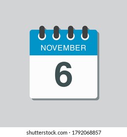 Vector icon calendar day - 6 November. Days of the year vector illustration flat style. Date day of month Sunday, Monday, Tuesday, Wednesday, Thursday, Friday, Saturday. Autumn holidays in November.