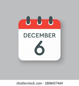 Vector icon calendar day - 6 December. 6th days of the month, vector illustration style. Date day of week Sunday, Monday, Tuesday, Wednesday, Thursday, Friday, Saturday. Winter holidays in December.