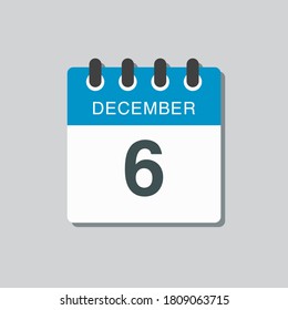 Vektorsymbol Kalendertag - 6. Dezember. 6 Tage des Monats, Vektorgrafik-Stil. Tag der Woche Sonntag, Montag, Dienstag, Mittwoch, Donnerstag, Freitag, Samstag. Winterferien im Dezember.