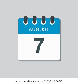 Vector icon calendar day - 7 August. Days of the year. Vector illustration flat style. Date day of month Sunday, Monday, Tuesday, Wednesday, Thursday, Friday, Saturday. Summer holidays spring August.