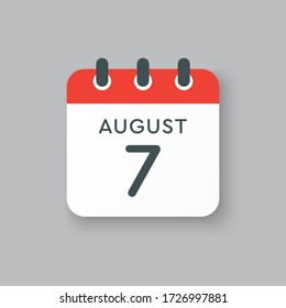 Icono vector día calendario - 7 de agosto. Días del año. Estilo plano de ilustración vectorial. Fecha día del mes Domingo, Lunes, Martes, Miércoles, Jueves, Viernes, Sábado. Las vacaciones de verano en la primavera de agosto.