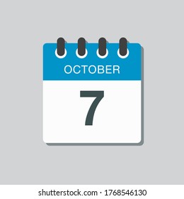 Vector icon calendar day - 7 October. Days of the year vector illustration flat style. Date day of month Sunday, Monday, Tuesday, Wednesday, Thursday, Friday, Saturday. Autumn holidays in October.
