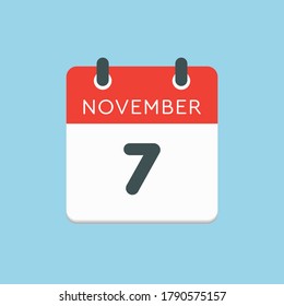 Vector icon calendar day - 7 November. Days of the year vector illustration flat style. Date day of month Sunday, Monday, Tuesday, Wednesday, Thursday, Friday, Saturday. Autumn holidays in November.
