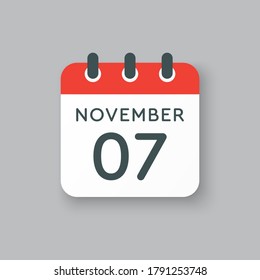 Día del calendario del icono del vector - 7 de noviembre. Días del año ilustración vectorial estilo plano. Fecha día del mes Domingo, Lunes, Martes, Miércoles, Jueves, Viernes, Sábado. Vacaciones de otoño en noviembre.