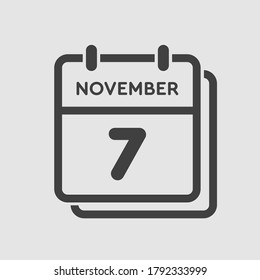 Vector icon calendar day - 7 November. Days of the year vector illustration flat style. Date day of month Sunday, Monday, Tuesday, Wednesday, Thursday, Friday, Saturday. Autumn holidays in November.