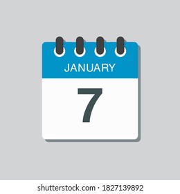 Vector icon calendar day - 7 January. 7th days of the month, vector illustration style. Date day of week Sunday, Monday, Tuesday, Wednesday, Thursday, Friday, Saturday. Winter holidays in January.