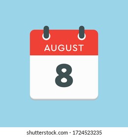 Vector icon calendar day - 8 August. Days of the year. Vector illustration flat style. Date day of month Sunday, Monday, Tuesday, Wednesday, Thursday, Friday, Saturday. Summer holidays spring August.
