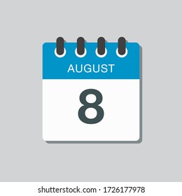 Vector icon calendar day - 8 August. Days of the year. Vector illustration flat style. Date day of month Sunday, Monday, Tuesday, Wednesday, Thursday, Friday, Saturday. Summer holidays spring August.