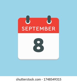 Vector icon calendar day - 8 September. Days of the year vector illustration flat style. Date day of month Sunday, Monday, Tuesday, Wednesday, Thursday, Friday, Saturday. Autumn holidays in September