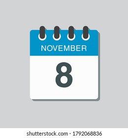 Vector icon calendar day - 8 November. Days of the year vector illustration flat style. Date day of month Sunday, Monday, Tuesday, Wednesday, Thursday, Friday, Saturday. Autumn holidays in November.