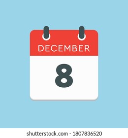 Vector icon calendar day - 8 December. 8th days of the month, vector illustration style. Date day of week Sunday, Monday, Tuesday, Wednesday, Thursday, Friday, Saturday. Winter holidays in December.