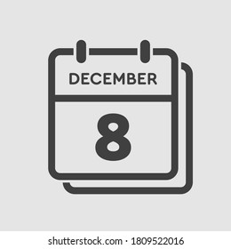 Vector icon calendar day - 8 December. 8th days of the month, vector illustration style. Date day of week Sunday, Monday, Tuesday, Wednesday, Thursday, Friday, Saturday. Winter holidays in December.