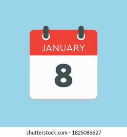 Vektorsymbol Kalendertag - 8. Januar. 8. Tage des Monats, Vektorgrafik-Stil. Tag der Woche Sonntag, Montag, Dienstag, Mittwoch, Donnerstag, Freitag, Samstag. Winterferien im Januar.