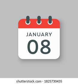 Vector icon calendar day - 8 January. 8th days of the month, vector illustration style. Date day of week Sunday, Monday, Tuesday, Wednesday, Thursday, Friday, Saturday. Winter holidays in January.