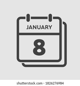 Vector icon calendar day - 8 January. 8th days of the month, vector illustration style. Date day of week Sunday, Monday, Tuesday, Wednesday, Thursday, Friday, Saturday. Winter holidays in January.
