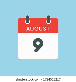 Vector icon calendar day - 9 August. Days of the year. Vector illustration flat style. Date day of month Sunday, Monday, Tuesday, Wednesday, Thursday, Friday, Saturday. Summer holidays spring August.
