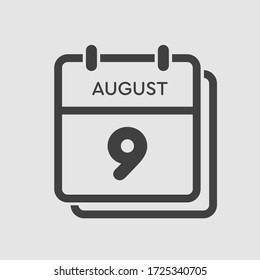 Vector icon calendar day - 9 August. Days of the year. Vector illustration flat style. Date day of month Sunday, Monday, Tuesday, Wednesday, Thursday, Friday, Saturday. Summer holidays spring August.