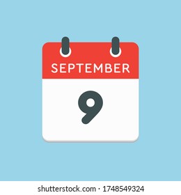 Vector icon calendar day - 9 September. Days of the year vector illustration flat style. Date day of month Sunday, Monday, Tuesday, Wednesday, Thursday, Friday, Saturday. Autumn holidays in September