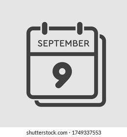 Vektorsymbol Kalendertag - 9. September. Tage des Jahres Vektorgrafik flach Stil. Tag des Monats Sonntag, Montag, Dienstag, Mittwoch, Donnerstag, Freitag, Samstag. Herbstferien im September