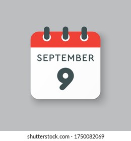 Vector icon calendar day - 9 September. Days of the year vector illustration flat style. Date day of month Sunday, Monday, Tuesday, Wednesday, Thursday, Friday, Saturday. Autumn holidays in September