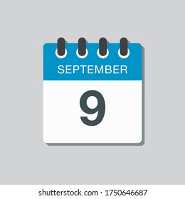 Vector icon calendar day - 9 September. Days of the year vector illustration flat style. Date day of month Sunday, Monday, Tuesday, Wednesday, Thursday, Friday, Saturday. Autumn holidays in September