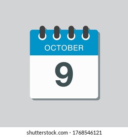 Día del calendario del icono del vector - 9 de octubre. Días del año ilustración vectorial estilo plano. Fecha día del mes Domingo, Lunes, Martes, Miércoles, Jueves, Viernes, Sábado. Vacaciones de otoño en octubre.