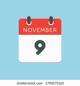 Día del calendario del icono del vector - 9 de noviembre. Días del año ilustración vectorial estilo plano. Fecha día del mes Domingo, Lunes, Martes, Miércoles, Jueves, Viernes, Sábado. Vacaciones de otoño en noviembre.