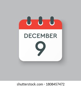 Vector icon calendar day - 9 December. 9th days of the month, vector illustration style. Date day of week Sunday, Monday, Tuesday, Wednesday, Thursday, Friday, Saturday. Winter holidays in December.