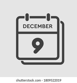 Vector icon calendar day - 9 December. 9th days of the month, vector illustration style. Date day of week Sunday, Monday, Tuesday, Wednesday, Thursday, Friday, Saturday. Winter holidays in December.