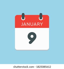 Vector icon calendar day - 9 January. 9th days of the month, vector illustration style. Date day of week Sunday, Monday, Tuesday, Wednesday, Thursday, Friday, Saturday. Winter holidays in January.
