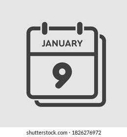 Vector icon calendar day - 9 January. 9th days of the month, vector illustration style. Date day of week Sunday, Monday, Tuesday, Wednesday, Thursday, Friday, Saturday. Winter holidays in January.
