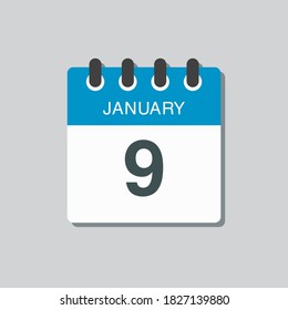 Vector icon calendar day - 9 January. 9th days of the month, vector illustration style. Date day of week Sunday, Monday, Tuesday, Wednesday, Thursday, Friday, Saturday. Winter holidays in January.