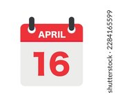 Vector icon, calendar day - April 16. Flat style vector illustration. Date day of the month Sunday, Monday, Tuesday, Wednesday, Thursday, Friday, Saturday.
