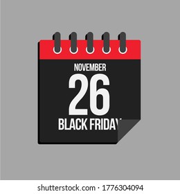 Vector icon calendar day big sale - Black Friday - 26 November. Concept flat style for your business, marketing, promo, website. Vector element for card, flyer, poster, coupon, sticker.