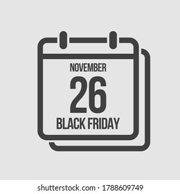 Vektorsymbol Kalendertag Großverkauf - Schwarzer Freitag - 26. November. Konzept flach Stil für Ihr Geschäft, Marketing, Promo, Website. Vektorelement für Karte, Flyer, Poster, Coupon, Aufkleber.