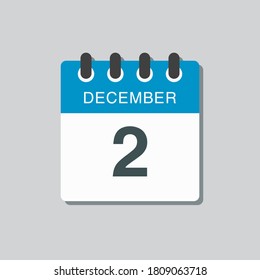 Día del calendario del icono del vector - Diciembre. 2º día del mes, estilo de ilustración vectorial. Fecha día de la semana Domingo, Lunes, Martes, Miércoles, Jueves, Viernes, Sábado. Vacaciones de invierno en diciembre.