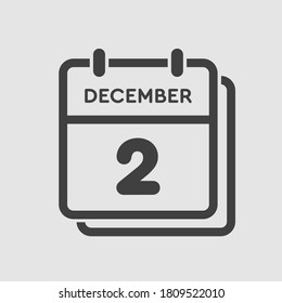 Vector icon calendar day - December. 2th days of the month, vector illustration style. Date day of week Sunday, Monday, Tuesday, Wednesday, Thursday, Friday, Saturday. Winter holidays in December.