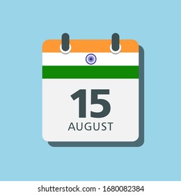 Vector Icon calendar day India - 15 august. Days of the year. Date day of month Sunday, Monday, Tuesday, Wednesday, Thursday, Friday, Saturday. Holidays, anniversary, Independence Day India Asia.